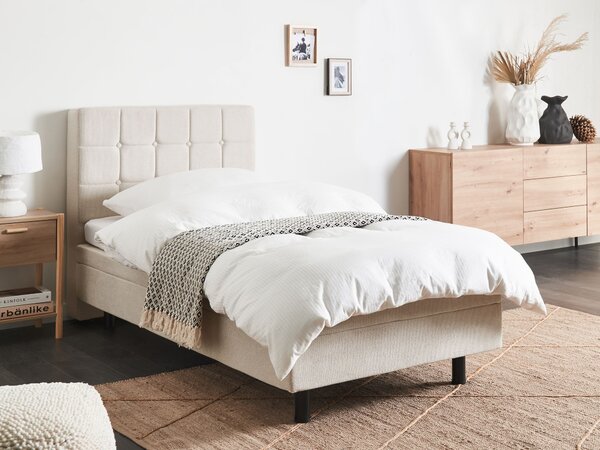 Polohovateľná posteľ svetlobéžová látkové čalúnenie polyester 80 x 200 cm elektrické nastavenie roštu a opierky hlavy spálňa