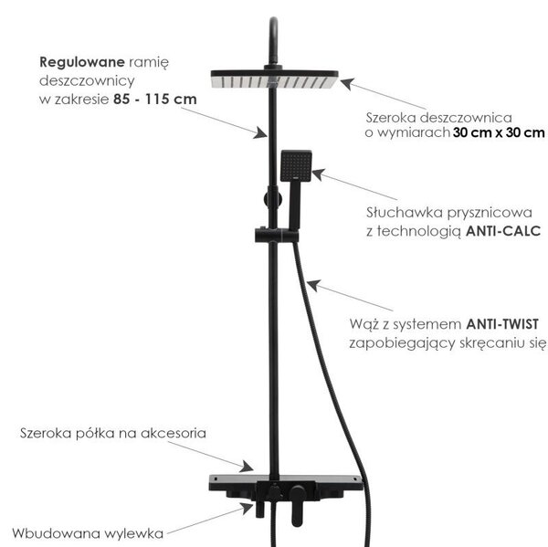 Erga Oslo, sprchová súprava s pákovou batériou, policou a dažďovou hlavicou 30x30 cm, čierna matná, ERG-YKA-BP.OSLO-30-BLK