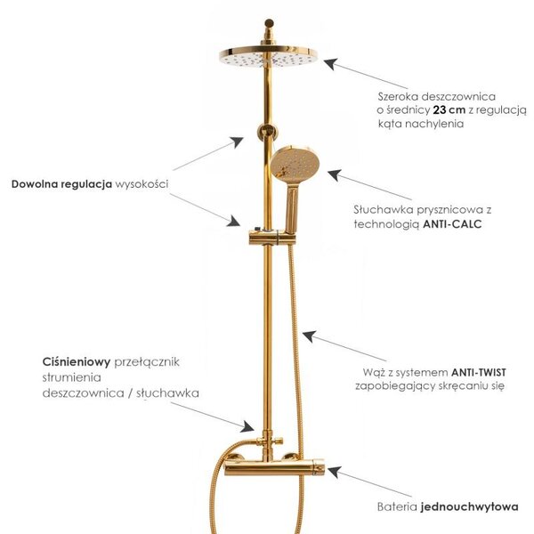 Erga Dubaj, sprchová súprava s pákovou batériou a dažďovou hlavicou 23 cm, zlatá lesklá, ERG-YKA-BP.DUBAJ23-GLD