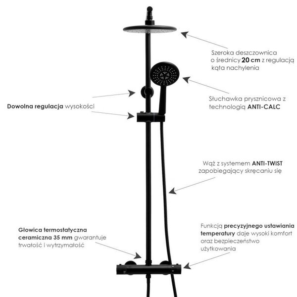 Erga Enza, sprchová súprava s termostatickou batériou a dažďovou hlavicou 20cm, čierna matná, ERG-YKA-BP.ENZA20-BLK
