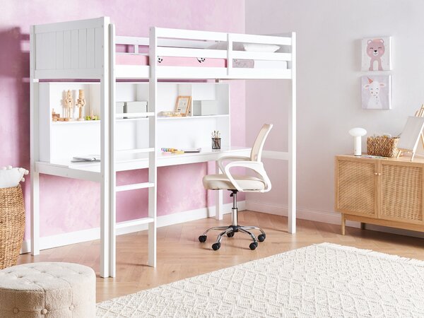Vyvýšená detská posteľ biela borovicové drevo 90 x 200 cm jednolôžko poschodová s rebríkom lamelový rám s písacím stolom detská izba