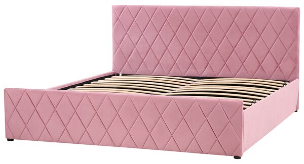 Posteľ s úložným priestorom ružová zamat 180 x 200 cm prešívané čalúnenie s čelom lamelový rošt moderný štýl spálňa