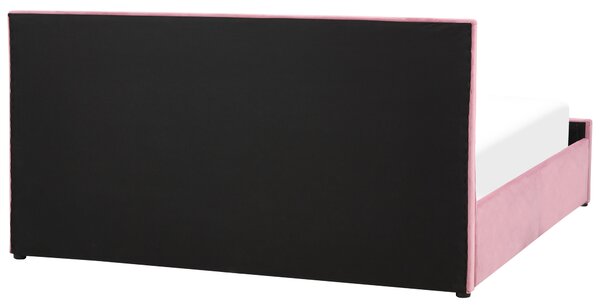 Posteľ s úložným priestorom ružová zamat 180 x 200 cm prešívané čalúnenie s čelom lamelový rošt moderný štýl spálňa