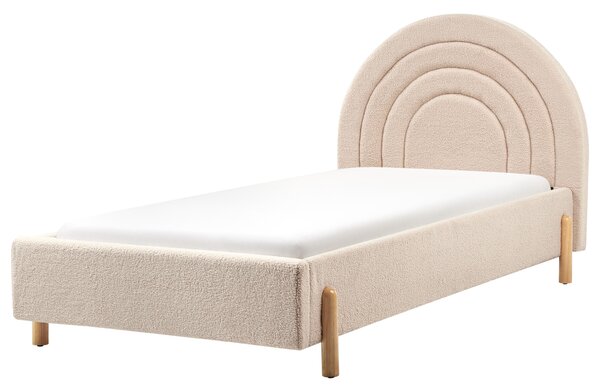 Posteľ béžová buklé čalúnená 90 x 200 cm minimalistický retro dizajn zaoblené čelo postele