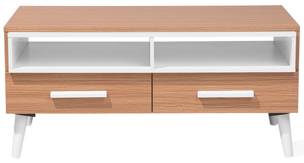 Konferenčný stolík svetlé drevo a biela 100 x 60 cm so zásuvkami a policami škandinávsky štýl