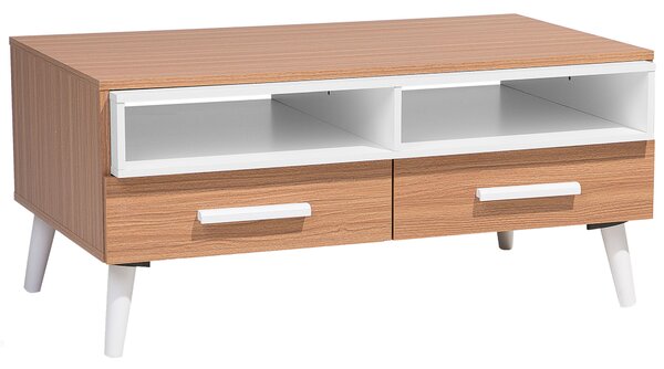 Konferenčný stolík svetlé drevo a biela 100 x 60 cm so zásuvkami a policami škandinávsky štýl