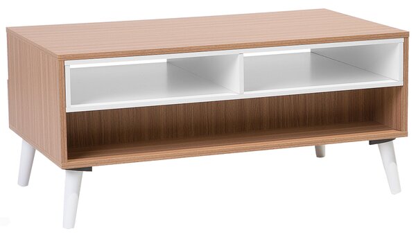 Konferenčný stolík svetlé drevo a biela 100 x 60 cm so zásuvkami a policami škandinávsky štýl