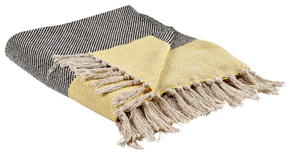 Deka sivá a žltá bavlnená 125 x 150 cm pletená prikrývka boho dekorácia obývacia izba spálňa