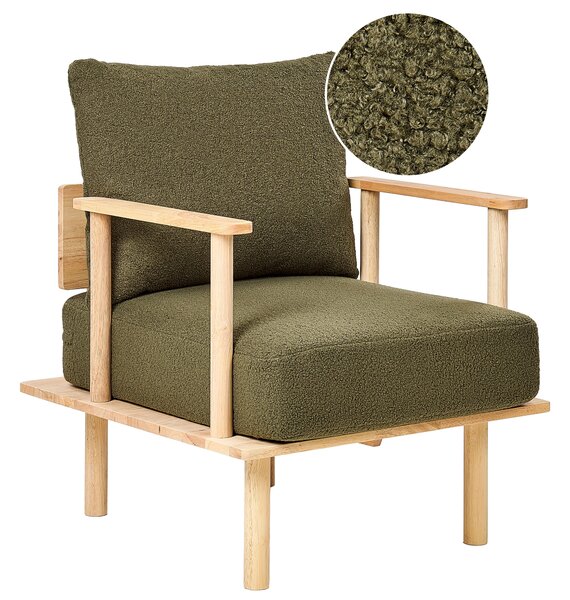 Kreslo tmavozelené buklé čalúnenie moderný minimalistický japandi štýl obývacia izba