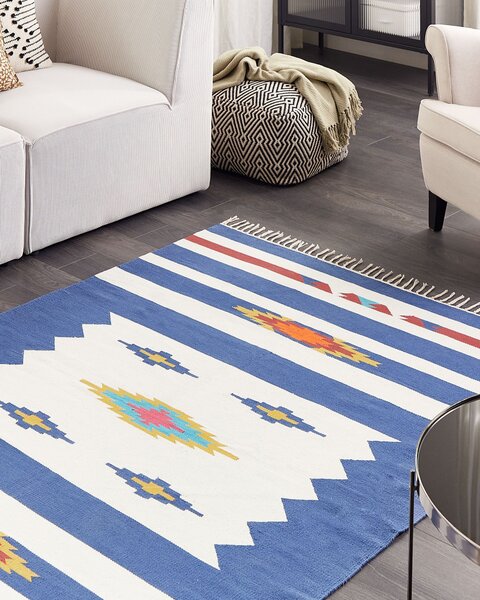 Kelímový koberec viacfarebný bavlna 140 x 200 cm ručne tkaný obojstranný geometrický vzor so strapcami tradičný boho štýl