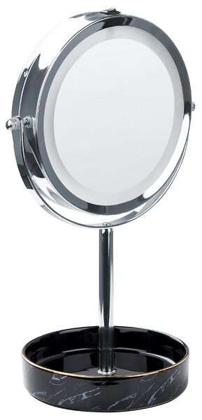 Kozmetické zrkadlo strieborná čierna železný kovový rám ø 20 cm keramický stojan s LED svetlom 1x/5x zväčšovacie sklo obojstranné