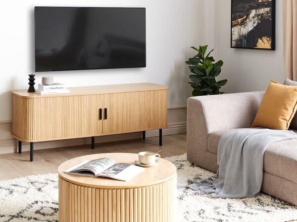 TV stolík svetlé drevo čierne nohy MDF kov retro štýl posuvné dvierka obývacia izba