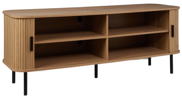 TV stolík svetlé drevo čierne nohy MDF kov retro štýl posuvné dvierka obývacia izba