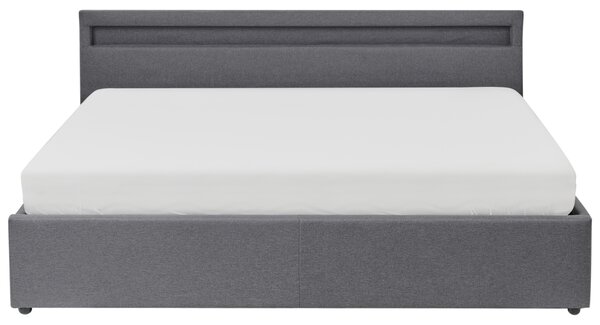 Posteľ s úložným priestorom tmavosivá látkové čalúnenie 180 x 200 cm s čelom s viacfarebným LED osvetlením lamelový rošt spálňa