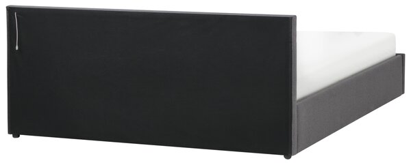 Posteľ s úložným priestorom tmavosivá látkové čalúnenie 180 x 200 cm s čelom s viacfarebným LED osvetlením lamelový rošt spálňa
