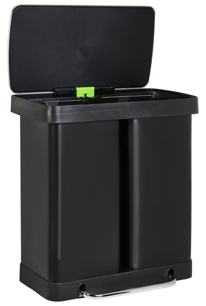 Dvojitý odpadkový kôš s pedálom a vekom čierny syntetický materiál železo 60 l koše na recyklovaný odpad moderná kuchyňa