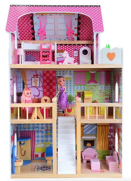 Krásny drevený domček pre bábiky s RGB LED osvetlením + 2 bábiky