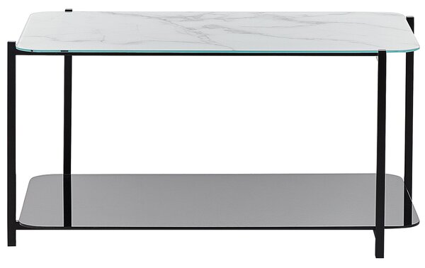 Konferenčný stolík biely a čierny oceľ a sklo 77 x 47 cm obdĺžnikový s mramorovým efektom tvrdené sklo moderný dizajn