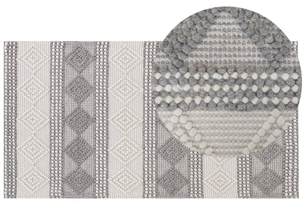 Koberec svetlobéžový a sivý 80 x 150 cm vlna bavlna a polyester ručne tkaný s geometrickým vzorom boho obývacia izba spálňa