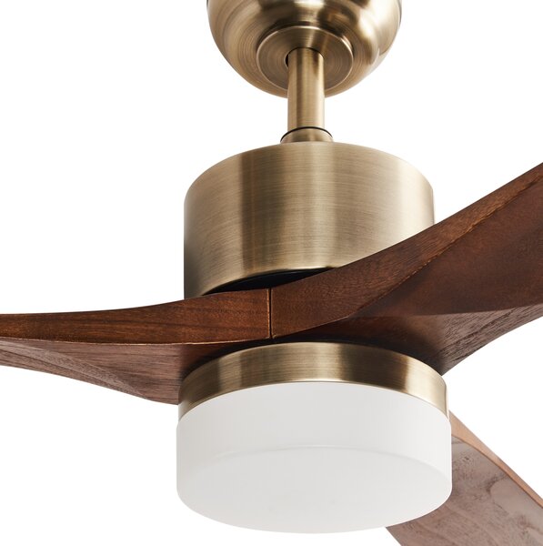 Stropný ventilátor so svetlom mosadzný kovový s lopatkami z tmavého dreva diaľkovým ovládaním 3-rýchlostný časovač moderný štýl
