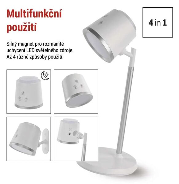 Biela LED stolová nabíjacia magnetická lampa Abbie 4v1 6W – LED lampičky a baterky > Stolové LED lampičky