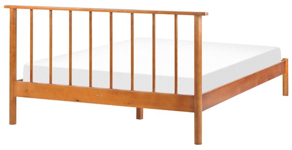 Posteľ svetlé borovicové drevo 140 x 200 cm dvojlôžko s lamelovým čelom a roštom minimalistický rustikálny štýl