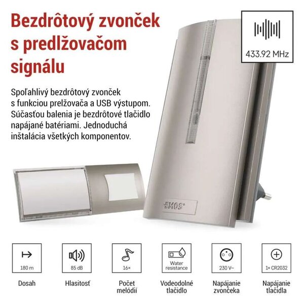 Strieborný domový bezdrôtový zvonček do zásuvky s USB a predlžovačom signálu – Elektro > Domové zvončeky