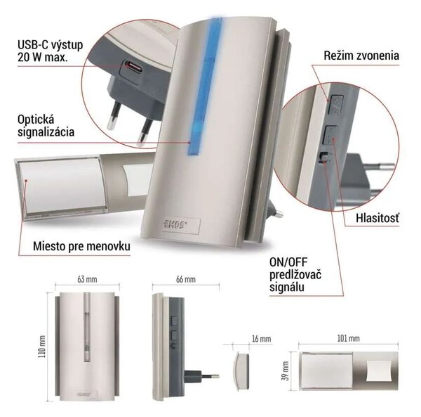 Strieborný domový bezdrôtový zvonček do zásuvky s USB a predlžovačom signálu – Elektro > Domové zvončeky