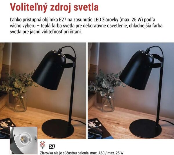 Čierna stolová lampa Nina pre žiarovku E27 – LED lampičky a baterky > Stolové LED lampičky