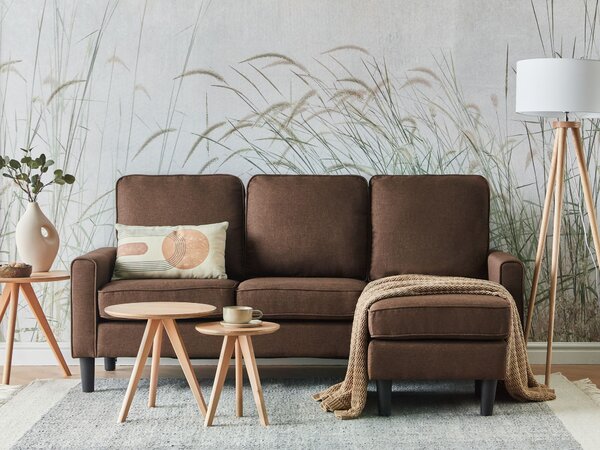 Pohovka hnedá látková čalúnená 3 miestna s taburetom mid century modern obývacia izba