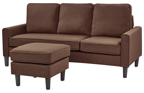 Pohovka hnedá látková čalúnená 3 miestna s taburetom mid century modern obývacia izba