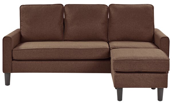 Pohovka hnedá látková čalúnená 3 miestna s taburetom mid century modern obývacia izba