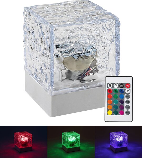 Priehľadná dizajnová LED RGB stolová lampa Cubiko na batérie s DO – LED lampičky a baterky > Stolové LED lampičky