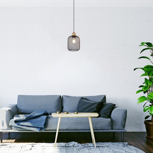 Čierny závesný luster Grendel s dekorom dreva pre žiarovku E27 – LED lustre a svietidlá > Lustre