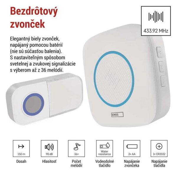 Biely domový bezdrôtový zvonček na 3x AA – Elektro > Domové zvončeky