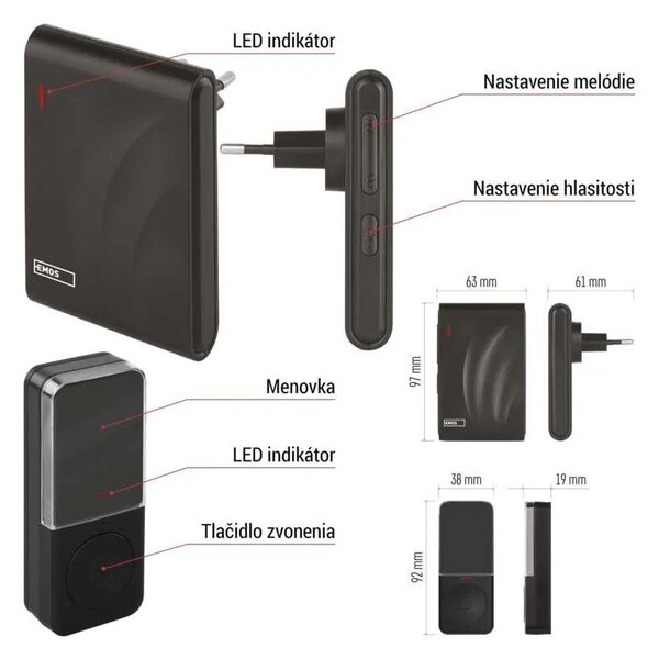 Čierny domový bezdrôtový zvonček do zásuvky – Elektro > Domové zvončeky