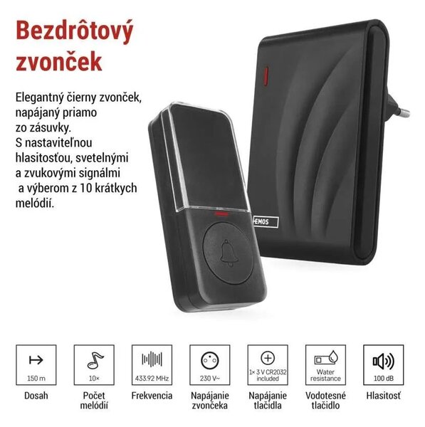 Čierny domový bezdrôtový zvonček do zásuvky – Elektro > Domové zvončeky