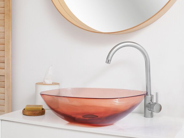 Umývadlo na dosku červené priehľadné z materiálu solid surface 54 x 36 cm moderná kúpeľňa