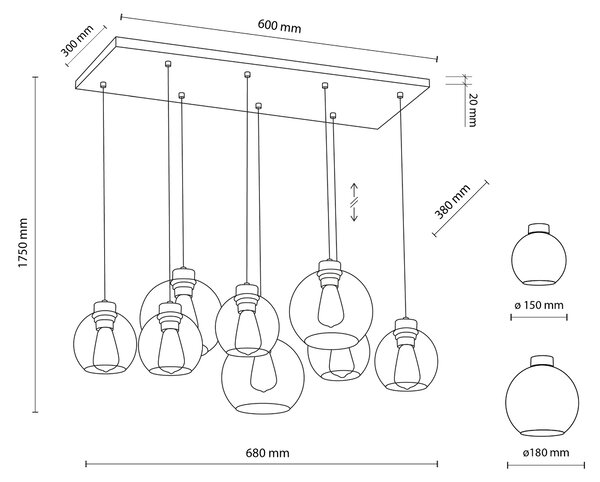 Čierny závesný luster Cubus s dymovými tienidlami pre žiarovku 8x E27 – LED lustre a svietidlá > Lustre