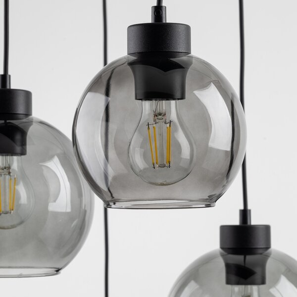 Čierny závesný luster Cubus s dymovými tienidlami pre žiarovku 6x E27 – LED lustre a svietidlá > Lustre