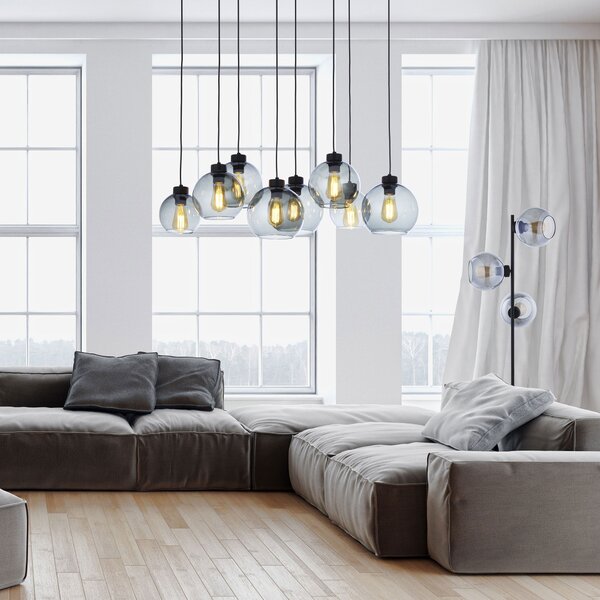 Čierny závesný luster Cubus s dymovými tienidlami pre žiarovku 8x E27 – LED lustre a svietidlá > Lustre