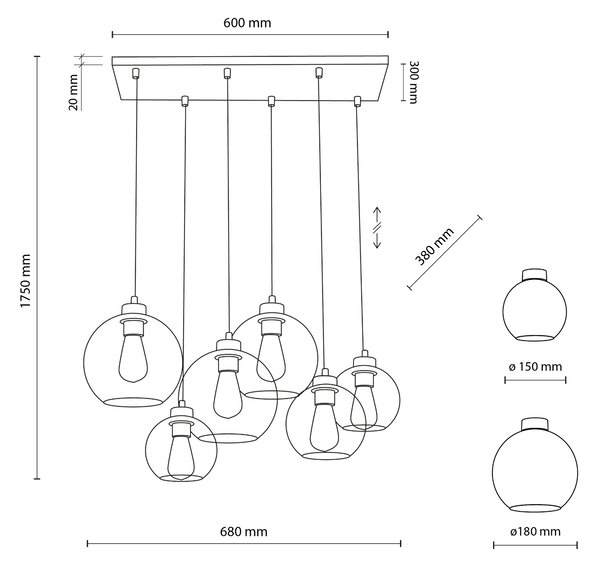 Čierny závesný luster Cubus s dymovými tienidlami pre žiarovku 6x E27 – LED lustre a svietidlá > Lustre