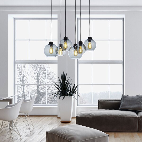 Čierny závesný luster Cubus s dymovými tienidlami pre žiarovku 6x E27 – LED lustre a svietidlá > Lustre