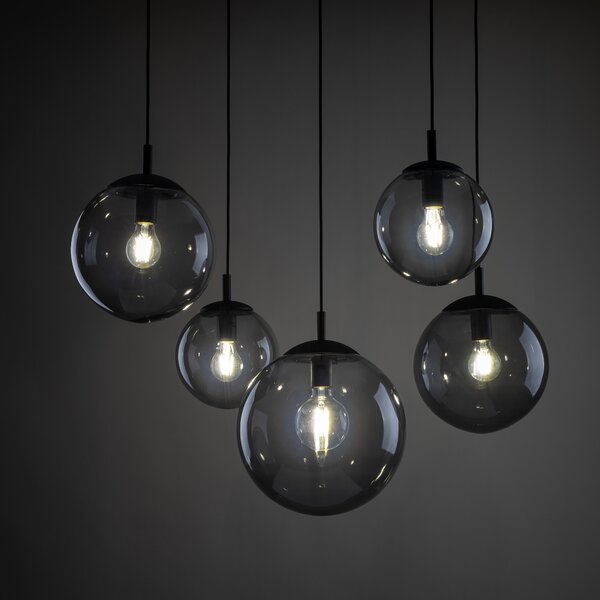 Čierny závesný luster Esme s dymovými tienidlami pre žiarovku 5x E27 – LED lustre a svietidlá > Lustre