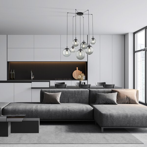 Čierny závesný luster Esme s dymovými tienidlami pre žiarovku 7x E27 – LED lustre a svietidlá > Lustre