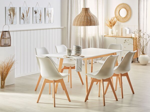 Rozkladací jedálenský stôl biela svetlé drevo MDF kaučuk 120/155 x 80 cm obdĺžnikový pre 6 osôb sklápacia doska moderný štýl jedáleň