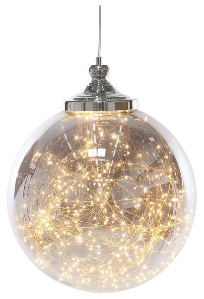 Závesná lampa strieborná priehľadná okrúhly tvar lesklý povrch moderný štýl obývačka jedáleň