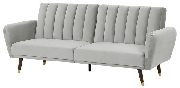 Rozkladacia pohovka svetlosivá zamatové čalúnenie vhodná na spanie elegantná moderná obývacia izba spálňa
