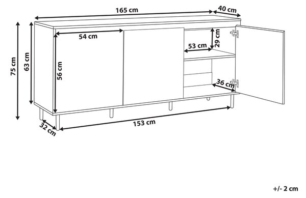 Komoda svetlé drevo MDF 165 x 75 x 40 cm čierne kovové nohy 3 dvierka úložný priestor moderný štýl obývačka spálňa