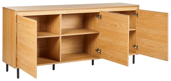 Komoda svetlé drevo MDF 165 x 75 x 40 cm čierne kovové nohy 3 dvierka úložný priestor moderný štýl obývačka spálňa